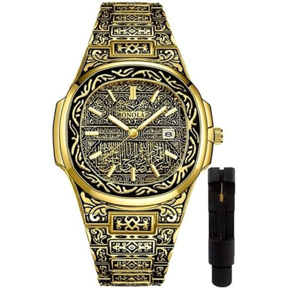 Mens Carved Pattern Luxury Gold Watch - Picture 4 of 5